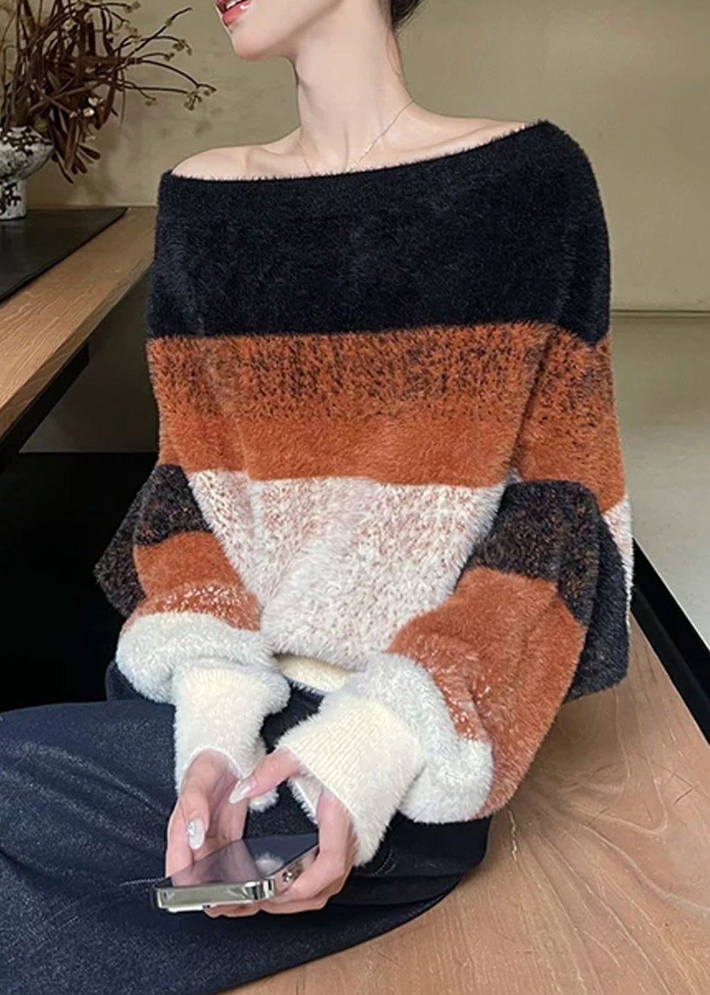 Suéteres de punto con cuello halter, rayas y patchwork para invierno