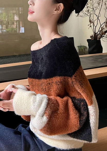 Suéteres de punto con cuello halter, rayas y patchwork para invierno