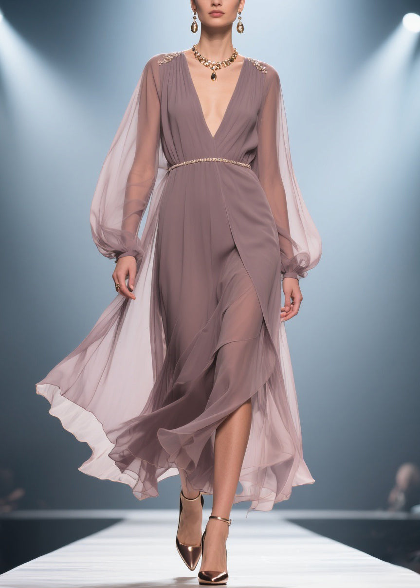 Stylish Soft Misty Purple Gray V Neck Wrinkled High Waist Chiffon Long Dresses