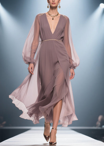 Stylish Soft Misty Purple Gray V Neck Wrinkled High Waist Chiffon Long Dresses