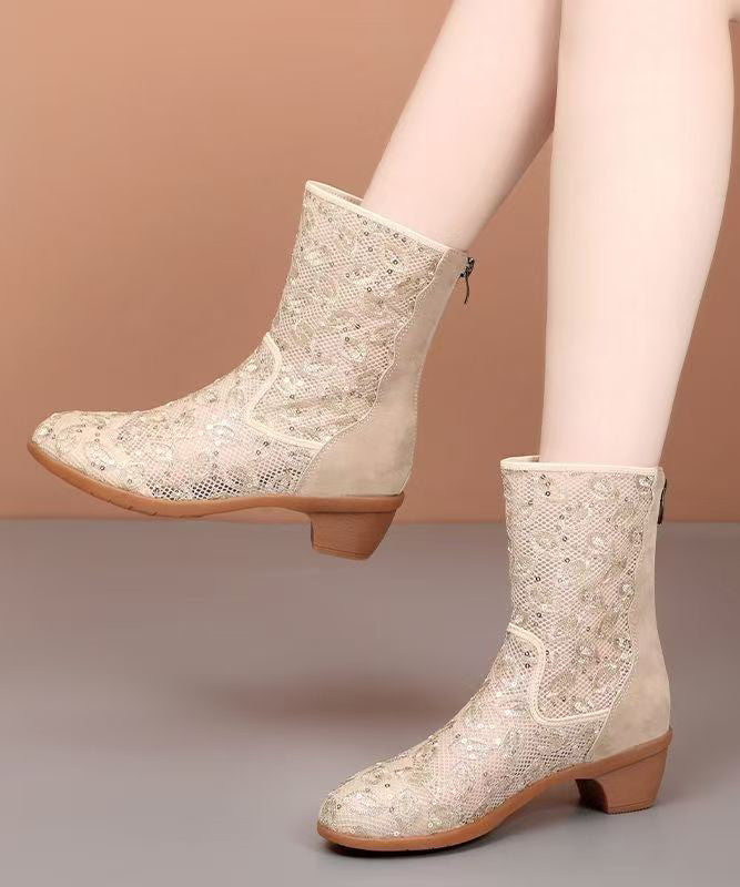 Stylische, klobige Stiefel mit Splicing-Design, schwarz, atmungsaktives Mesh