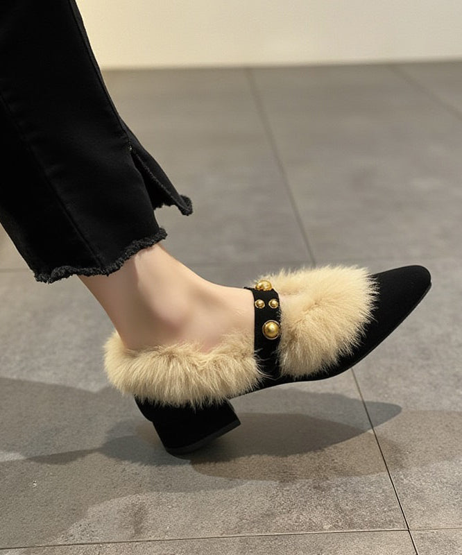 Zapatos gruesos con estilo y empalme de gamuza rosa con forro de lana afelpada