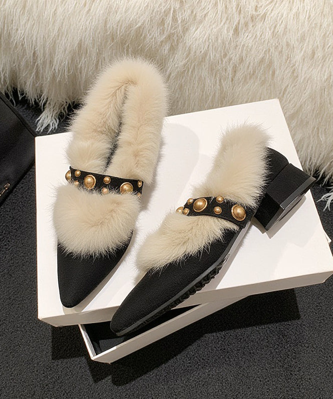 Zapatos gruesos con estilo y empalme de gamuza rosa con forro de lana afelpada