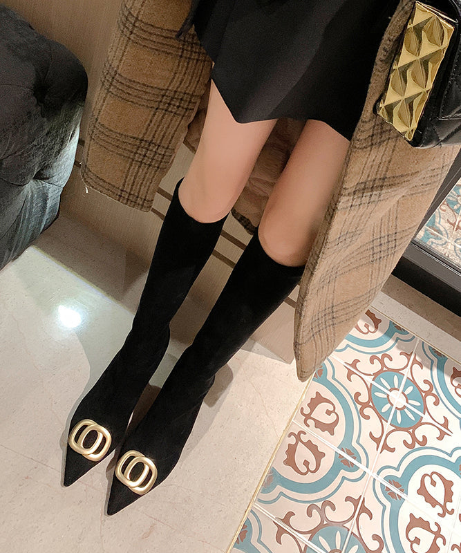 Botas de tacón de aguja con punta puntiaguda de ante negro con estilo