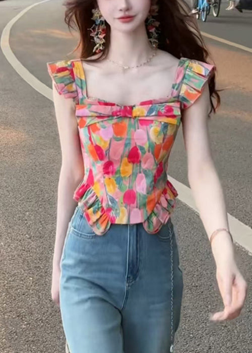 Stylish Square Collar Print Cotton Tops Summer