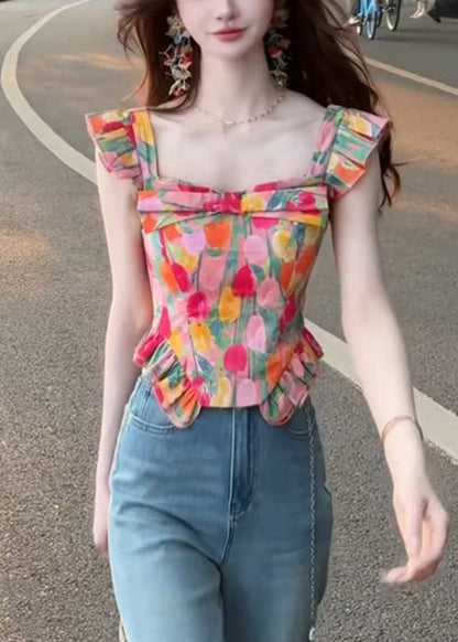 Stylish Square Collar Print Cotton Tops Summer