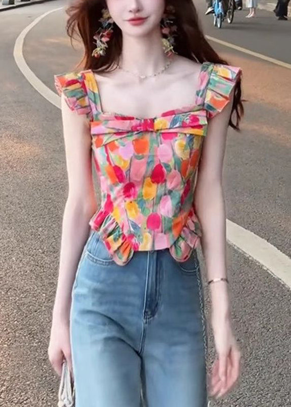 Stylish Square Collar Print Cotton Tops Summer