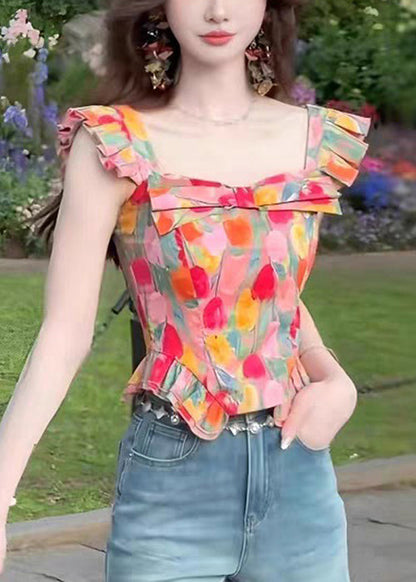 Stylish Square Collar Print Cotton Tops Summer