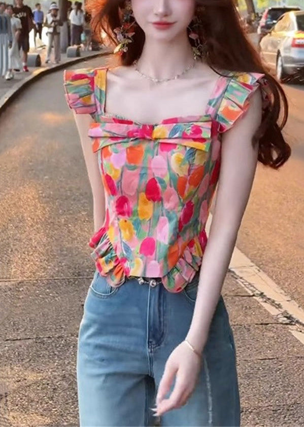 Stylish Square Collar Print Cotton Tops Summer
