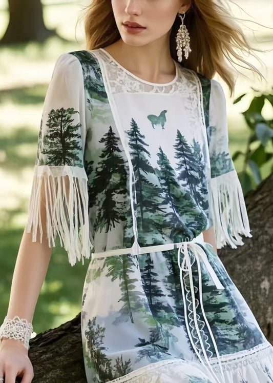 Stylish Tasseled Print Low High Design Dress Summer