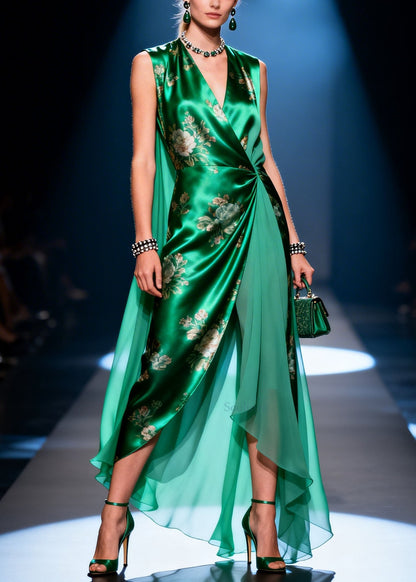 Stylish V Neck Asymmetrical Design Patchwork Chiffon Dresses Summer