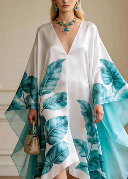 Stylish V Neck Asymmetrical Design Print Chiffon Maxi Dresses Summer