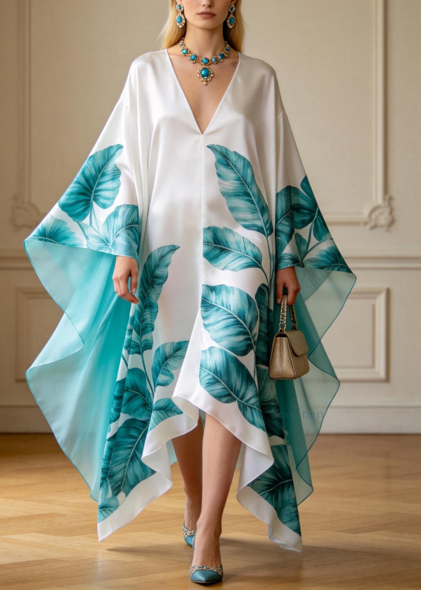 Stylish V Neck Asymmetrical Design Print Chiffon Maxi Dresses Summer