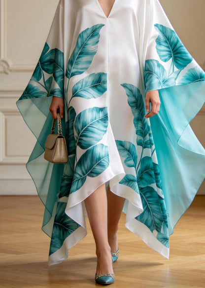 Stylish V Neck Asymmetrical Design Print Chiffon Maxi Dresses Summer