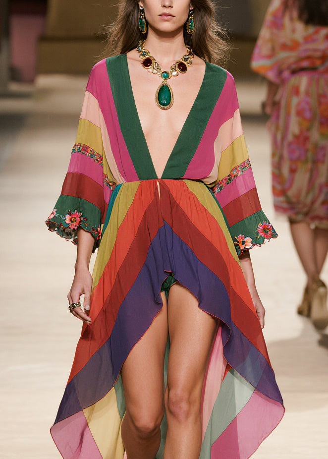 Stylish V Neck Floral Low High Design Chiffon Dresses Summer