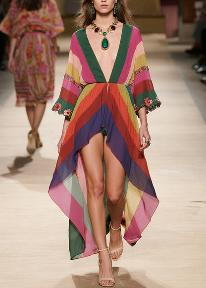 Stylish V Neck Floral Low High Design Chiffon Dresses Summer