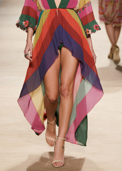 Stylish V Neck Floral Low High Design Chiffon Dresses Summer