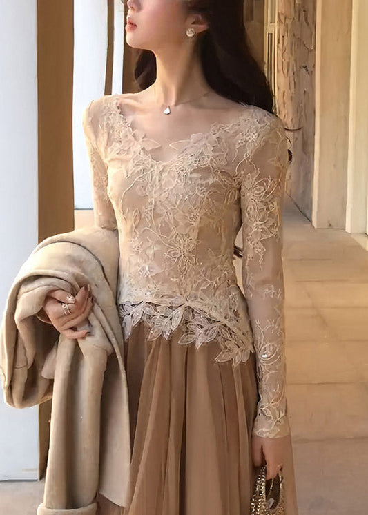 Camiseta elegante de encaje calado con cuello en V para primavera