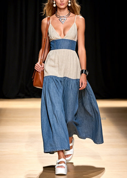 Stylish V Neck Patchwork Denim Spaghetti Strap Dress Sleeveless