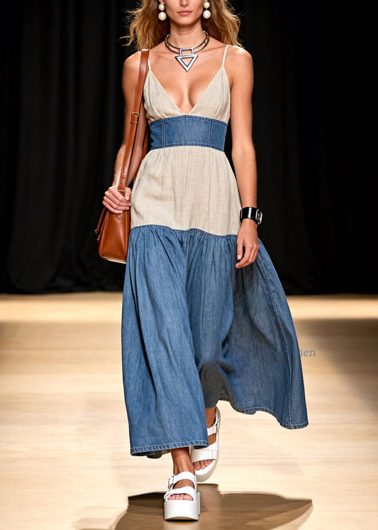 Stylish V Neck Patchwork Denim Spaghetti Strap Dress Sleeveless