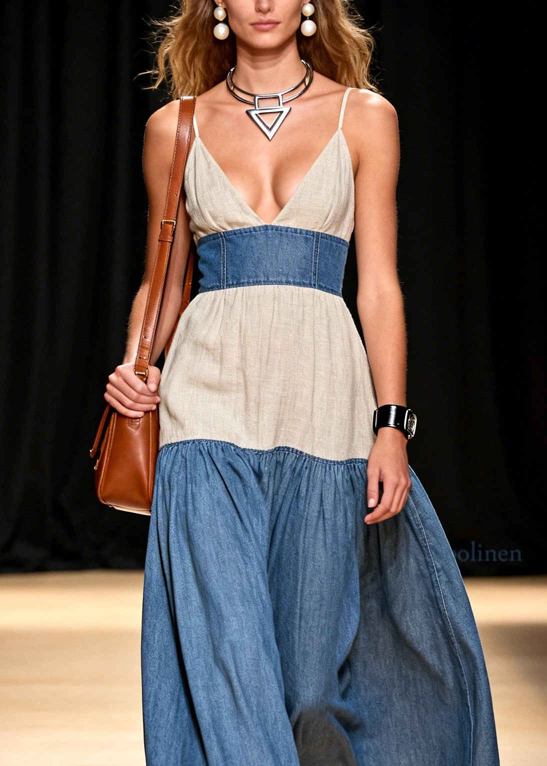 Stylish V Neck Patchwork Denim Spaghetti Strap Dress Sleeveless
