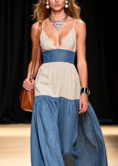 Stylish V Neck Patchwork Denim Spaghetti Strap Dress Sleeveless