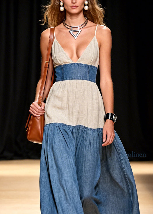 Stylish V Neck Patchwork Denim Spaghetti Strap Dress Sleeveless