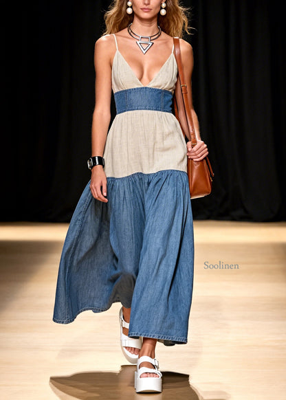 Stylish V Neck Patchwork Denim Spaghetti Strap Dress Sleeveless