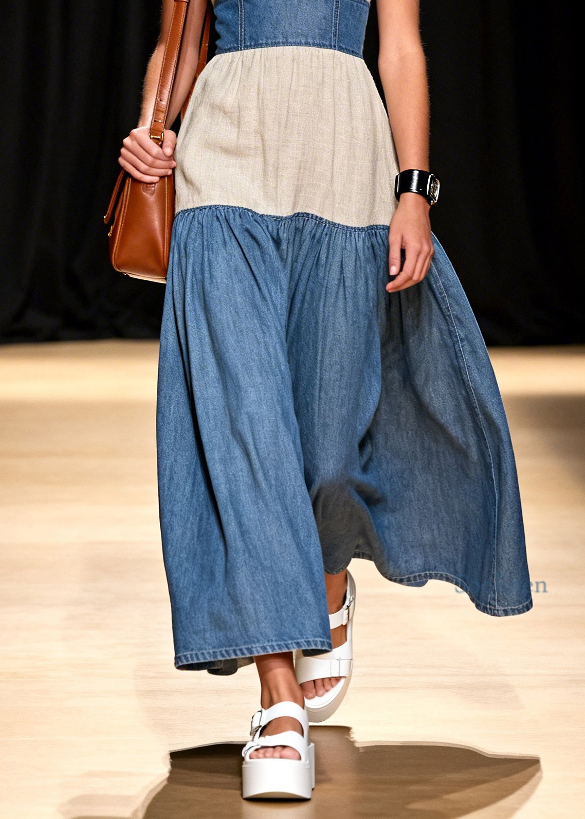 Stylish V Neck Patchwork Denim Spaghetti Strap Dress Sleeveless