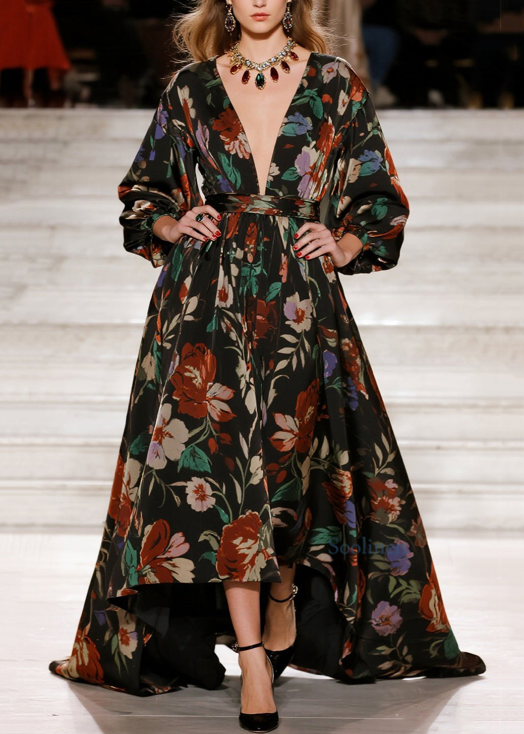 Vestido largo holgado de algodón con cuello en V y estampado elegante para primavera