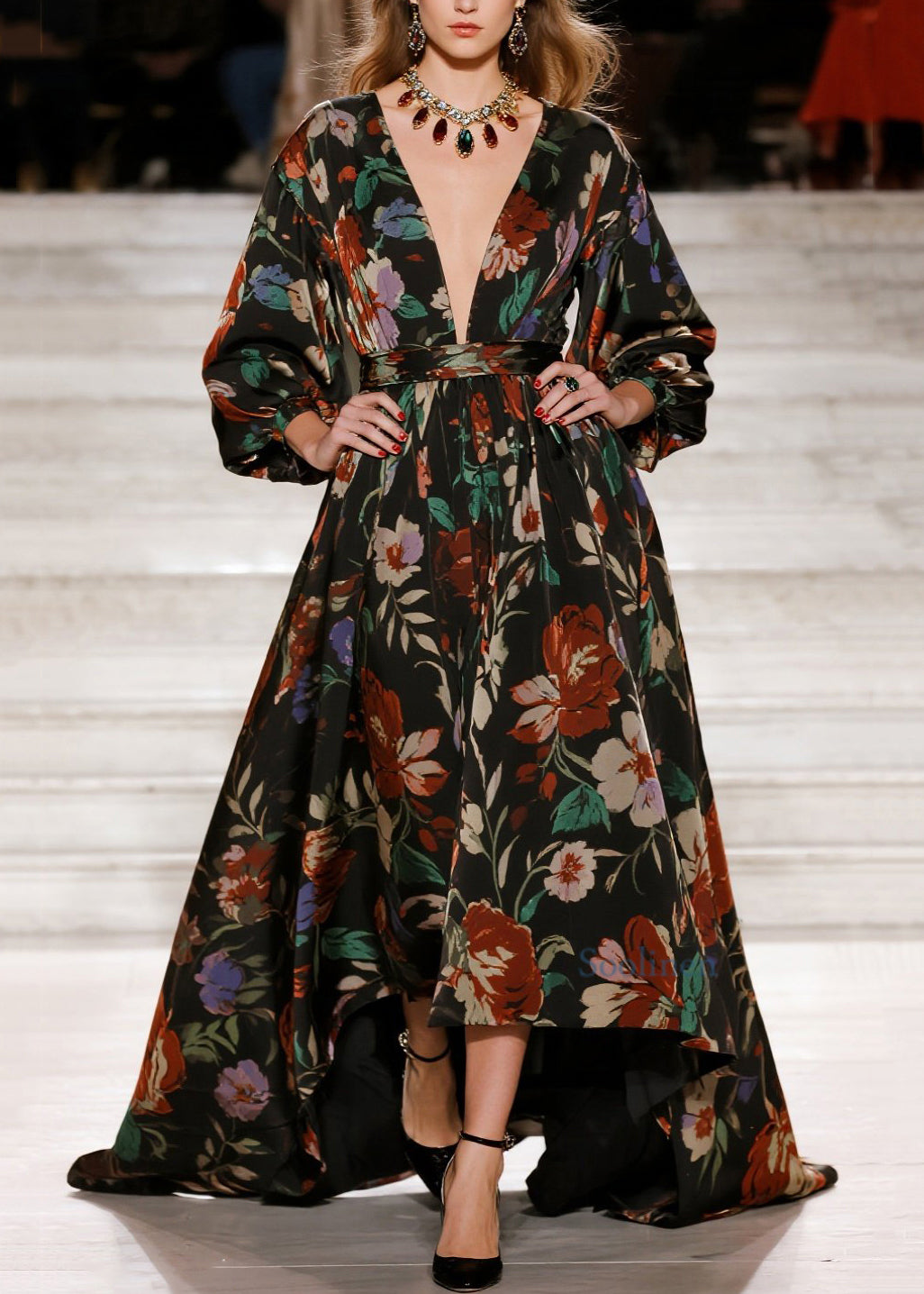 Vestido largo holgado de algodón con cuello en V y estampado elegante para primavera