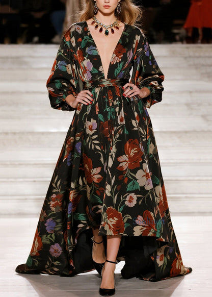 Vestido largo holgado de algodón con cuello en V y estampado elegante para primavera