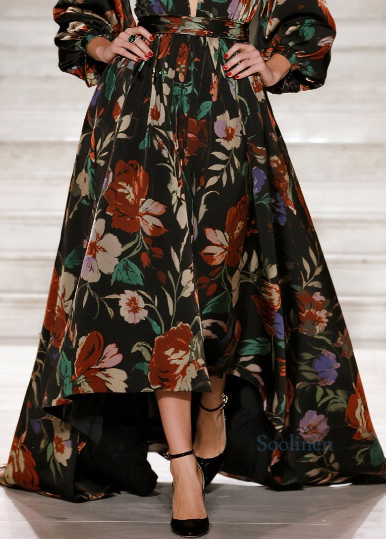 Vestido largo holgado de algodón con cuello en V y estampado elegante para primavera