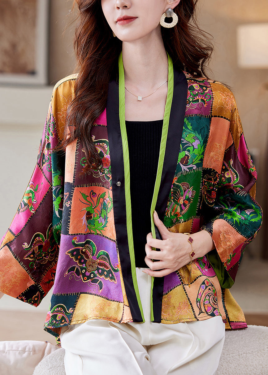 Stylish V Neck Print Patchwork Cotton Cardigan Fall