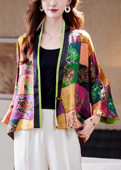 Stylish V Neck Print Patchwork Cotton Cardigan Fall