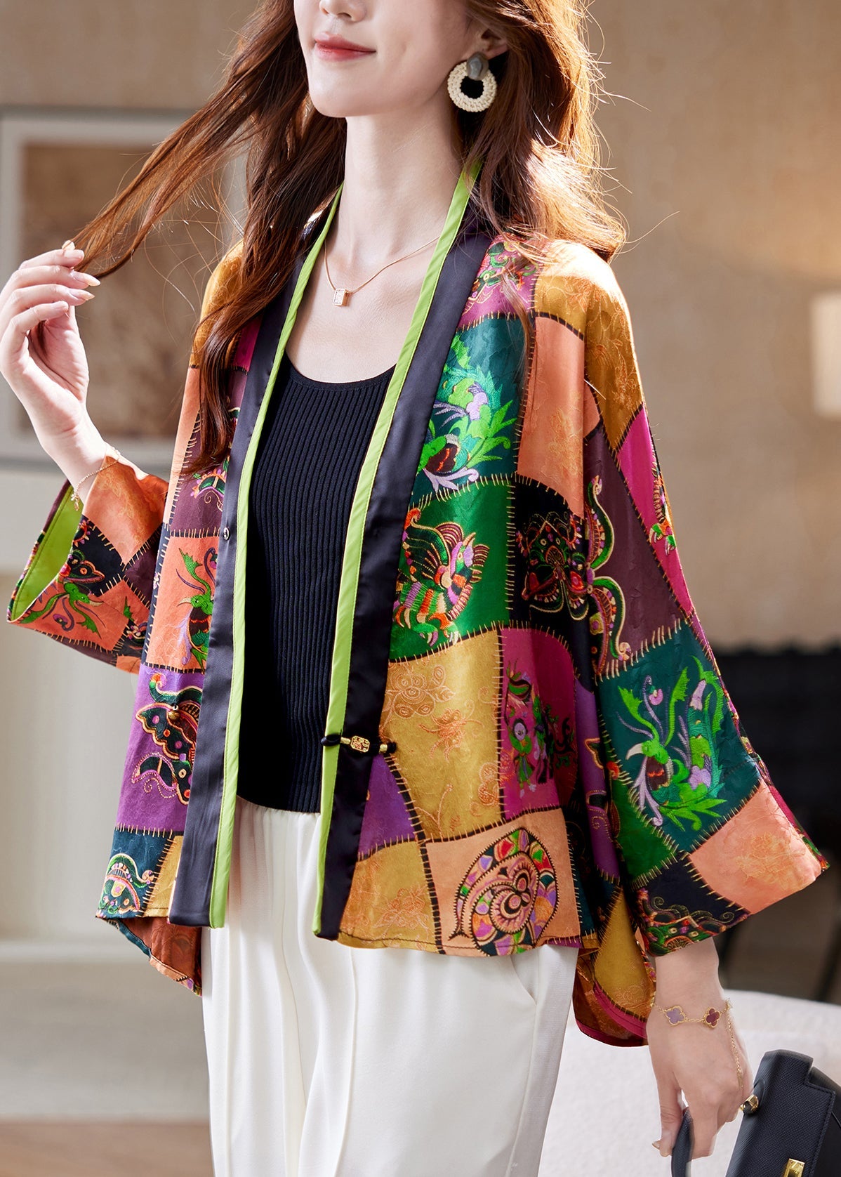 Stylish V Neck Print Patchwork Cotton Cardigan Fall