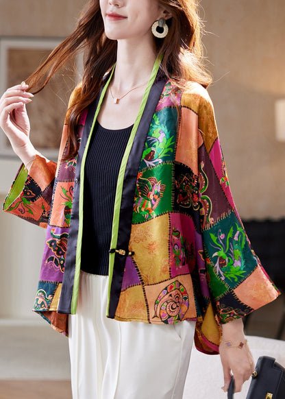 Stylish V Neck Print Patchwork Cotton Cardigan Fall