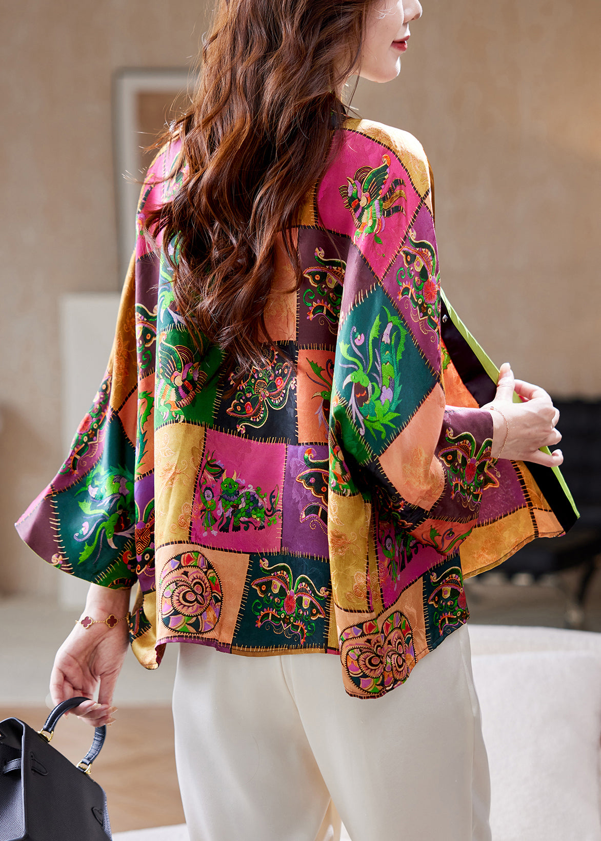 Stylish V Neck Print Patchwork Cotton Cardigan Fall