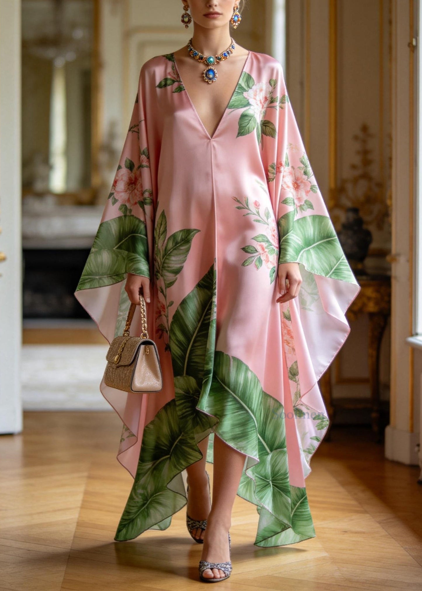 Stylish V Neck Print Plus Size Chiffon Vacation Dresses Summer