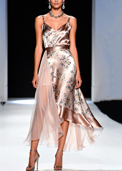 Stylish V Neck Print Tulle Patchwork Spaghetti Strap Dress Sleeveless