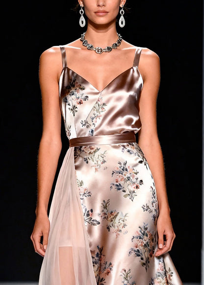 Stylish V Neck Print Tulle Patchwork Spaghetti Strap Dress Sleeveless