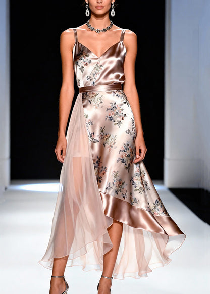 Stylish V Neck Print Tulle Patchwork Spaghetti Strap Dress Sleeveless