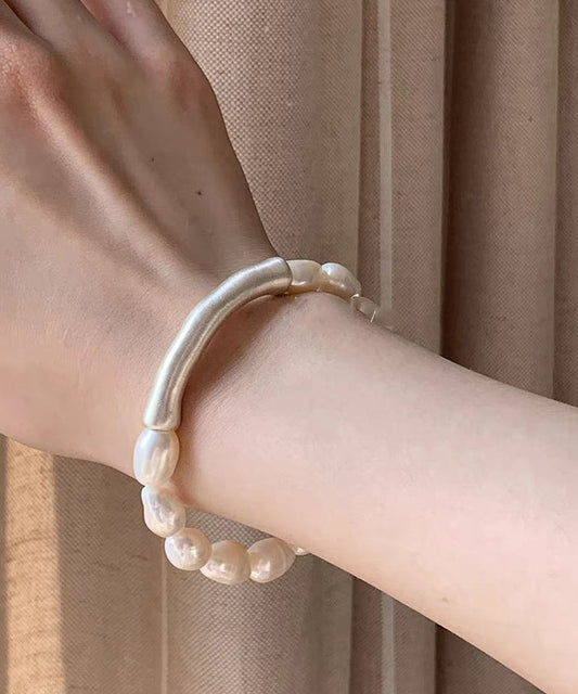 Stylish White 999 Silver Pearl Patchwork Elasticity Bracelet