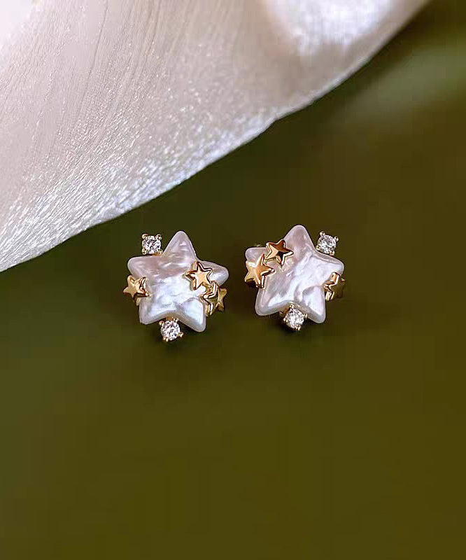 Stylish White Copper Alloy Zircon Star Pearl Stud Earrings