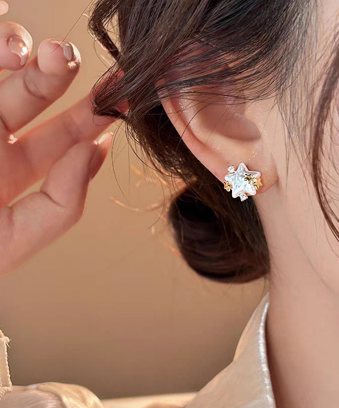 Stylish White Copper Alloy Zircon Star Pearl Stud Earrings