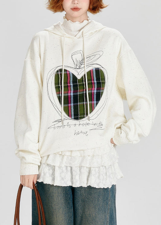 Stylish White Embroidered Warm Fleece Sweatshirt Streetwear Spring