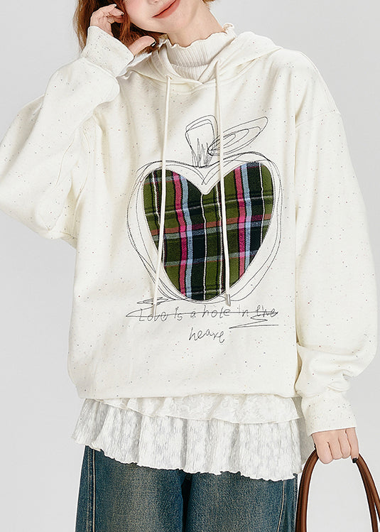 Stylish White Embroidered Warm Fleece Sweatshirt Streetwear Spring