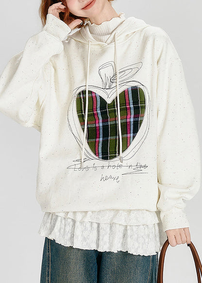 Stylish White Embroidered Warm Fleece Sweatshirt Streetwear Spring