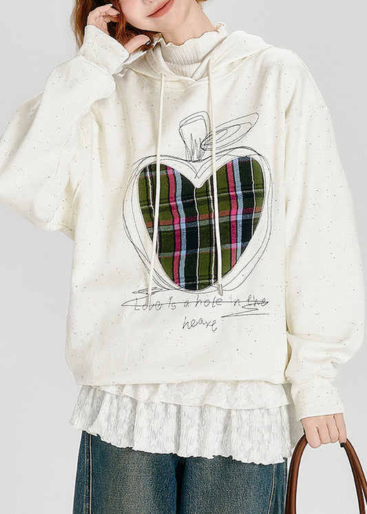 Stylish White Embroidered Warm Fleece Sweatshirt Streetwear Spring