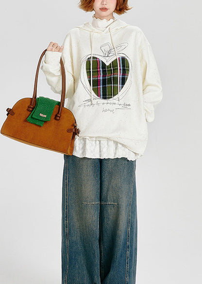 Stylish White Embroidered Warm Fleece Sweatshirt Streetwear Spring